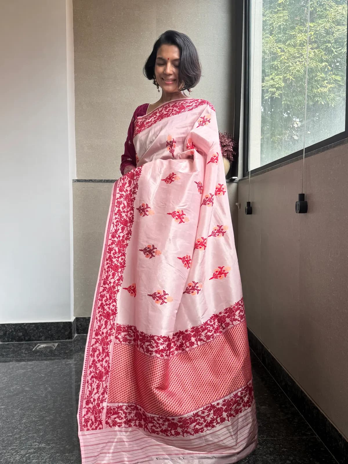 Blush Pink Tissue Kora Silk Banarasi Saree with Assamese Jamdani — Banarasi, Tissue Kora Silk, Varanasi, Uttar Pradesh, view 3