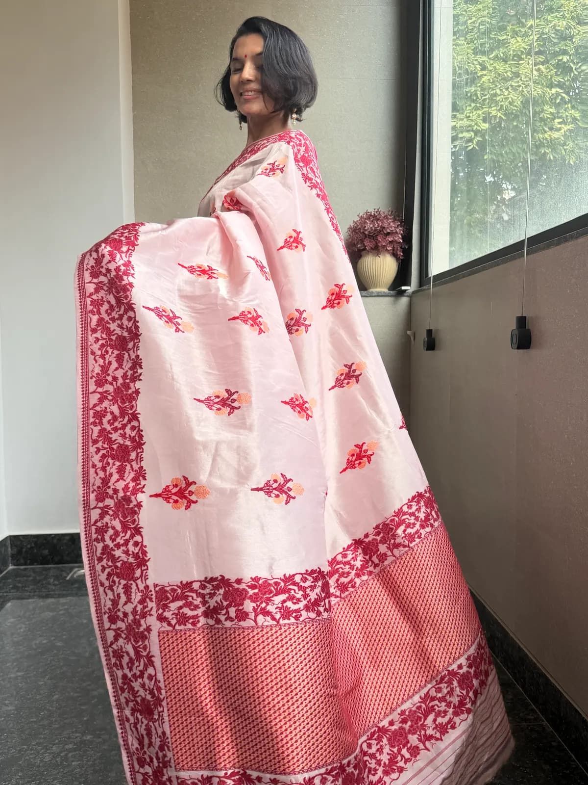 Blush Pink Tissue Kora Silk Banarasi Saree with Assamese Jamdani — Banarasi, Tissue Kora Silk, Varanasi, Uttar Pradesh, view 4