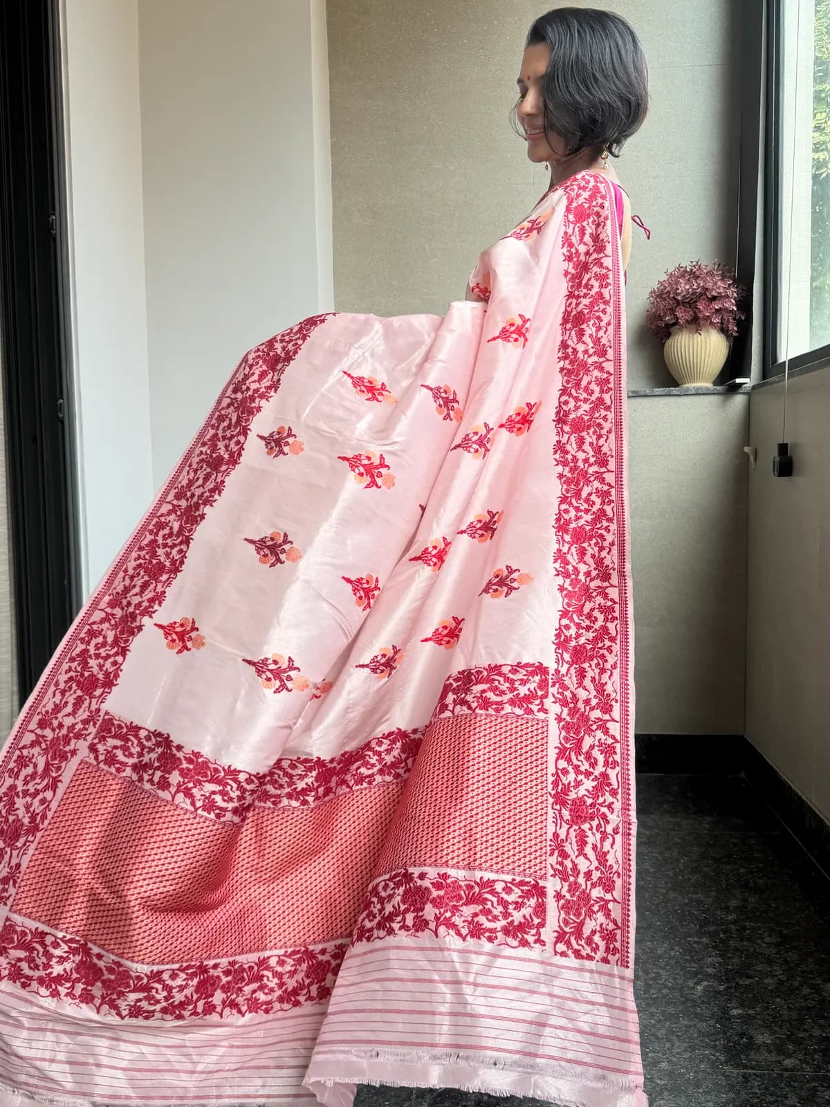 Blush Pink Tissue Kora Silk Banarasi Saree with Assamese Jamdani — Banarasi, Tissue Kora Silk, Varanasi, Uttar Pradesh, view 5