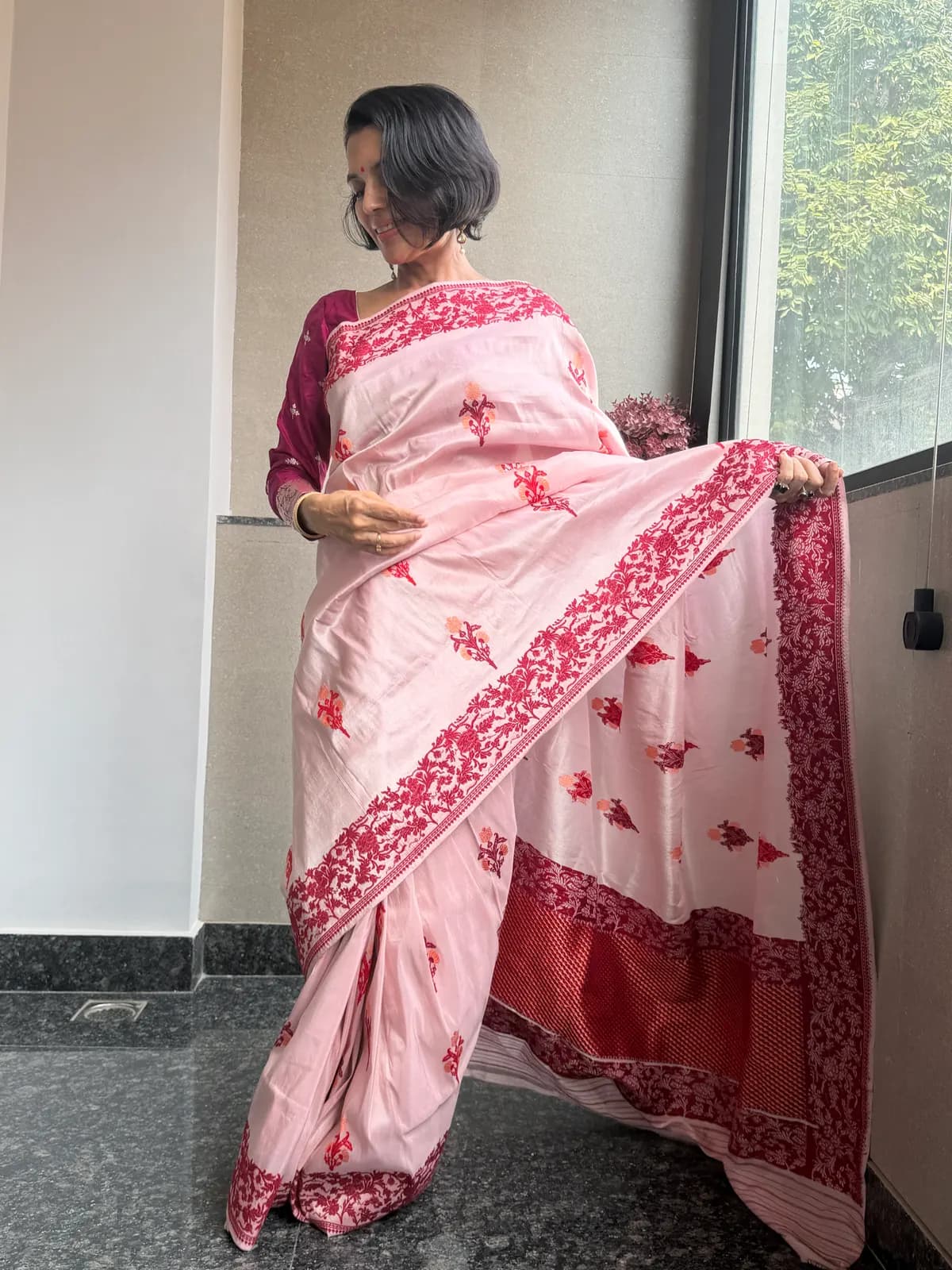 Blush Pink Tissue Kora Silk Banarasi Saree with Assamese Jamdani — Banarasi, Tissue Kora Silk, Varanasi, Uttar Pradesh, view 2