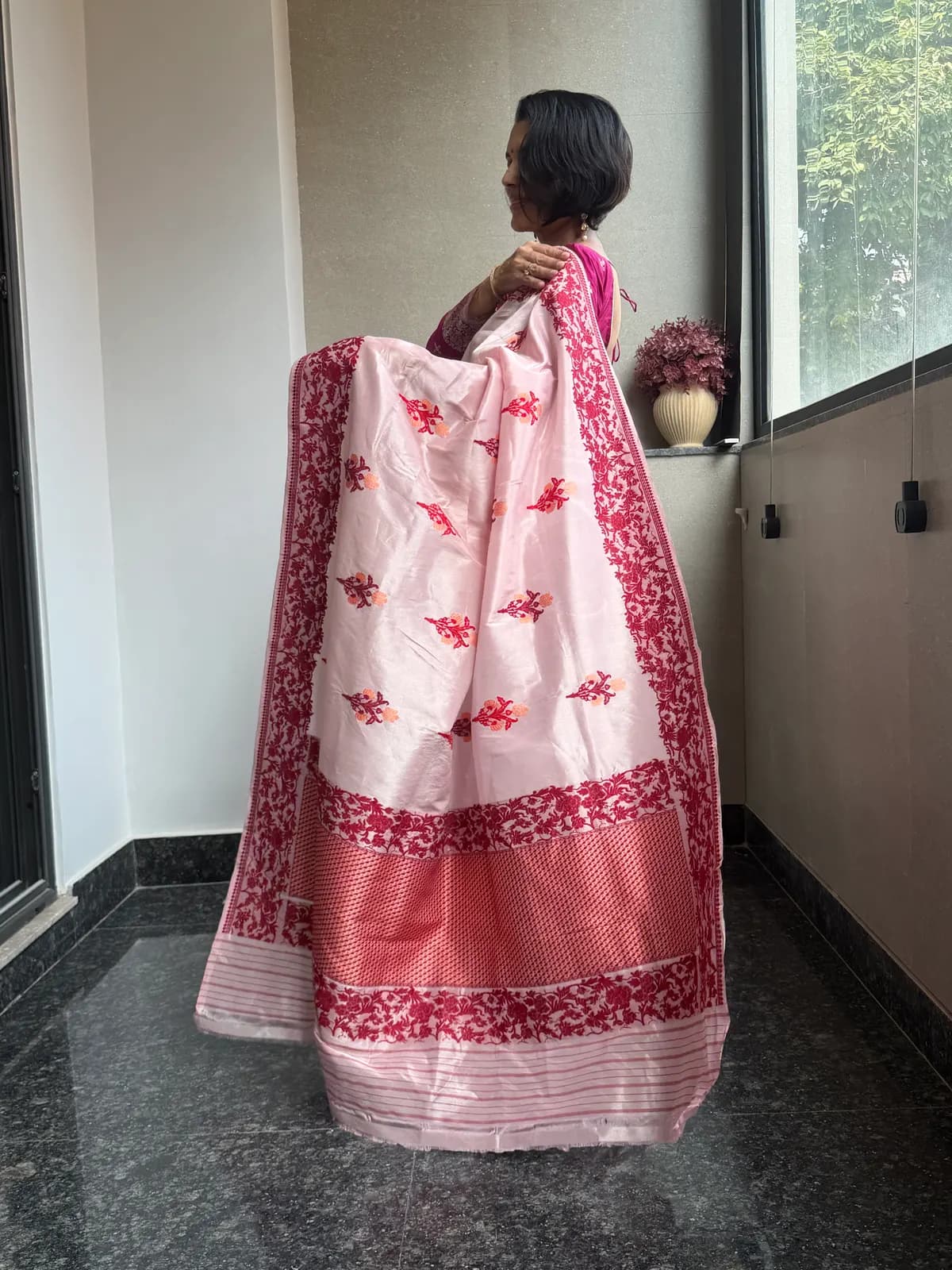 Blush Pink Tissue Kora Silk Banarasi Saree with Assamese Jamdani — Banarasi, Tissue Kora Silk, Varanasi, Uttar Pradesh, view 6