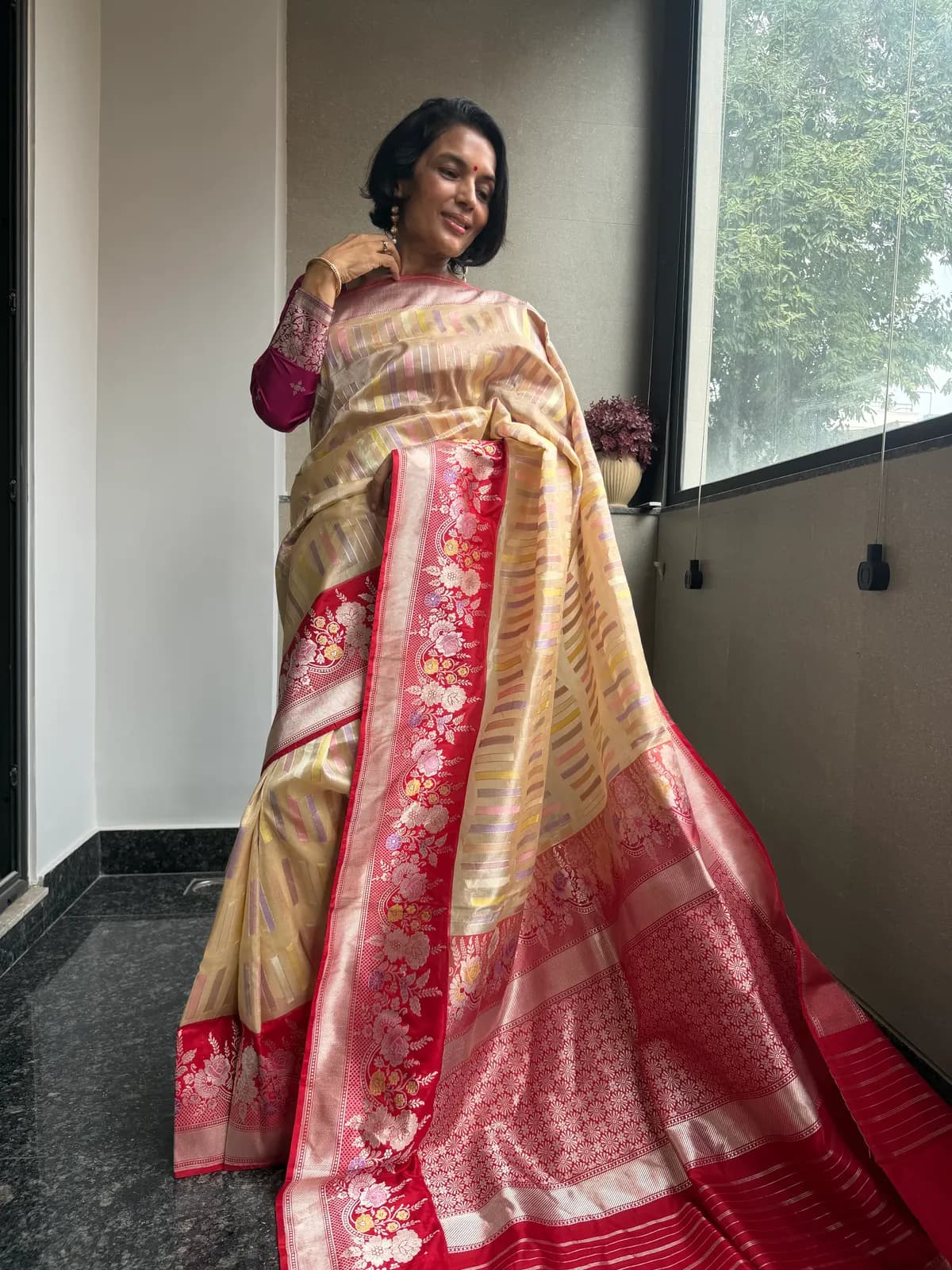 Nafees Ivory Rangkaat Kora Silk Kaduwa Banarasi Saree — Banarasi, Kora Silk & Katan Silk, Varanasi, Uttar Pradesh, view 6