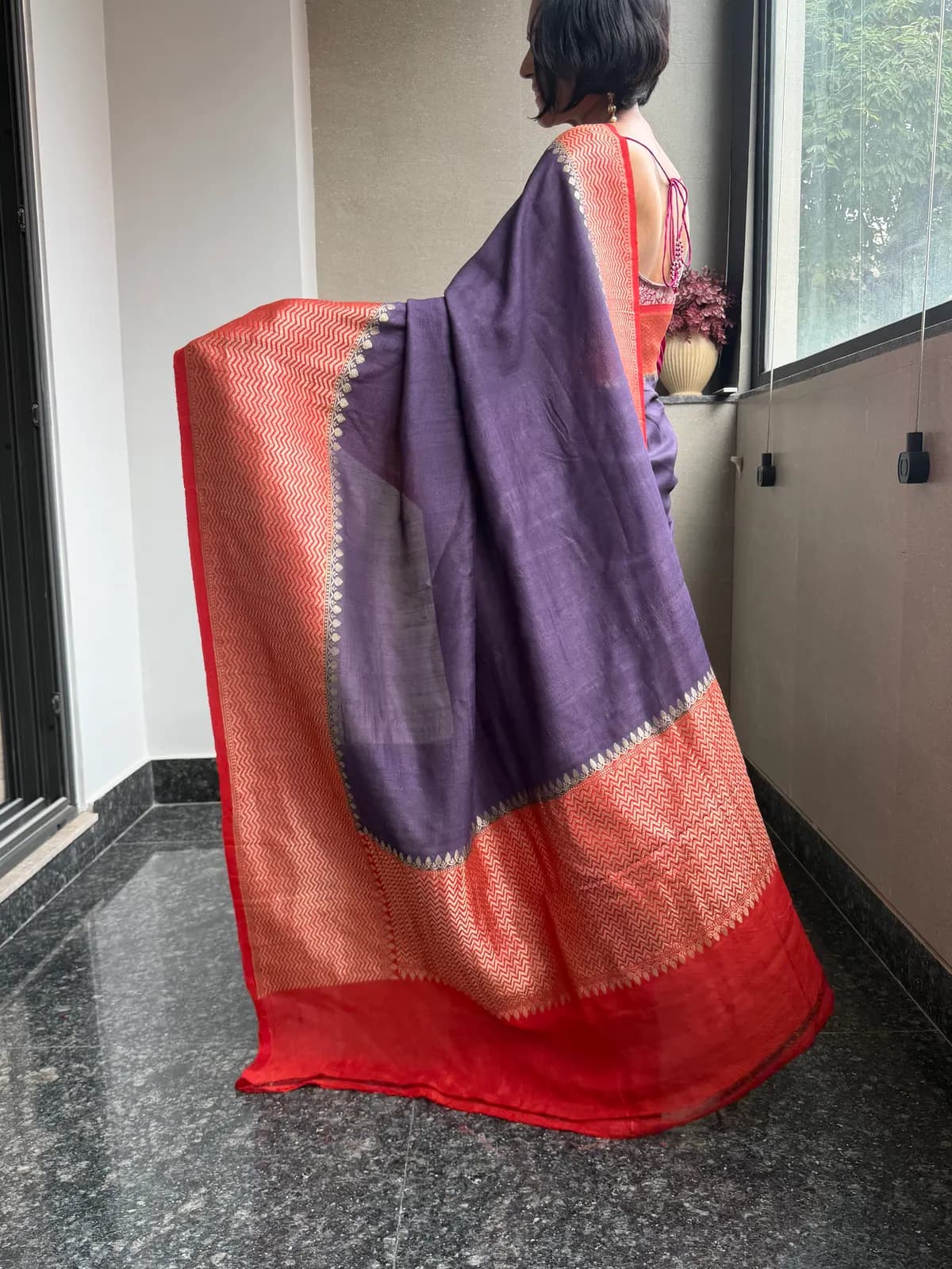 Purple Pure Tussar Silk Kaduwa Banarasi Saree with Contrast Border — Banarasi, Pure Tussar Silk, Varanasi, Uttar Pradesh, view 5