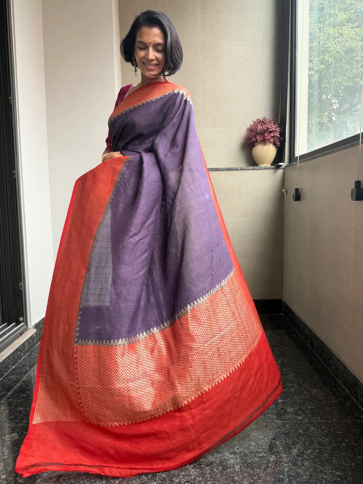 Purple Pure Tussar Silk Kaduwa Banarasi Saree with Contrast Border — Banarasi, Pure Tussar Silk, Varanasi, Uttar Pradesh, view 3