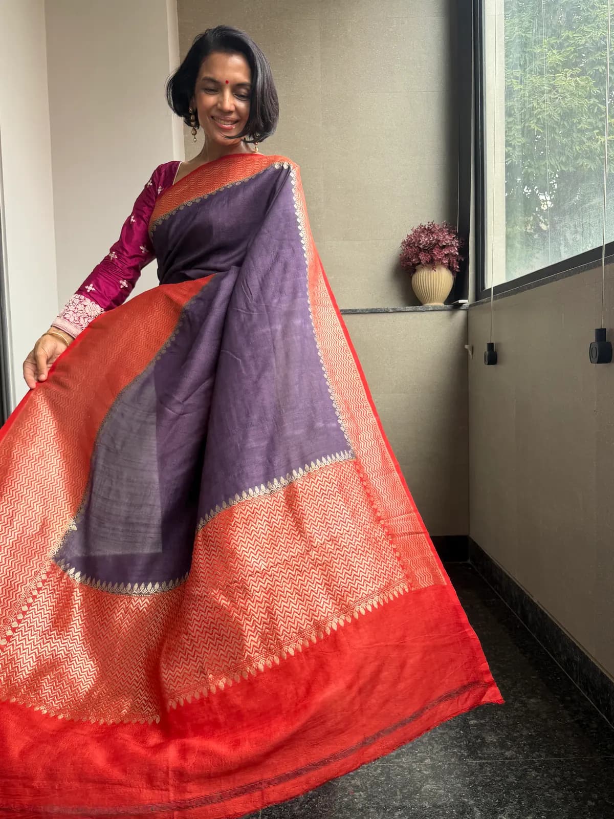 Purple Pure Tussar Silk Kaduwa Banarasi Saree with Contrast Border — Banarasi, Pure Tussar Silk, Varanasi, Uttar Pradesh, view 4