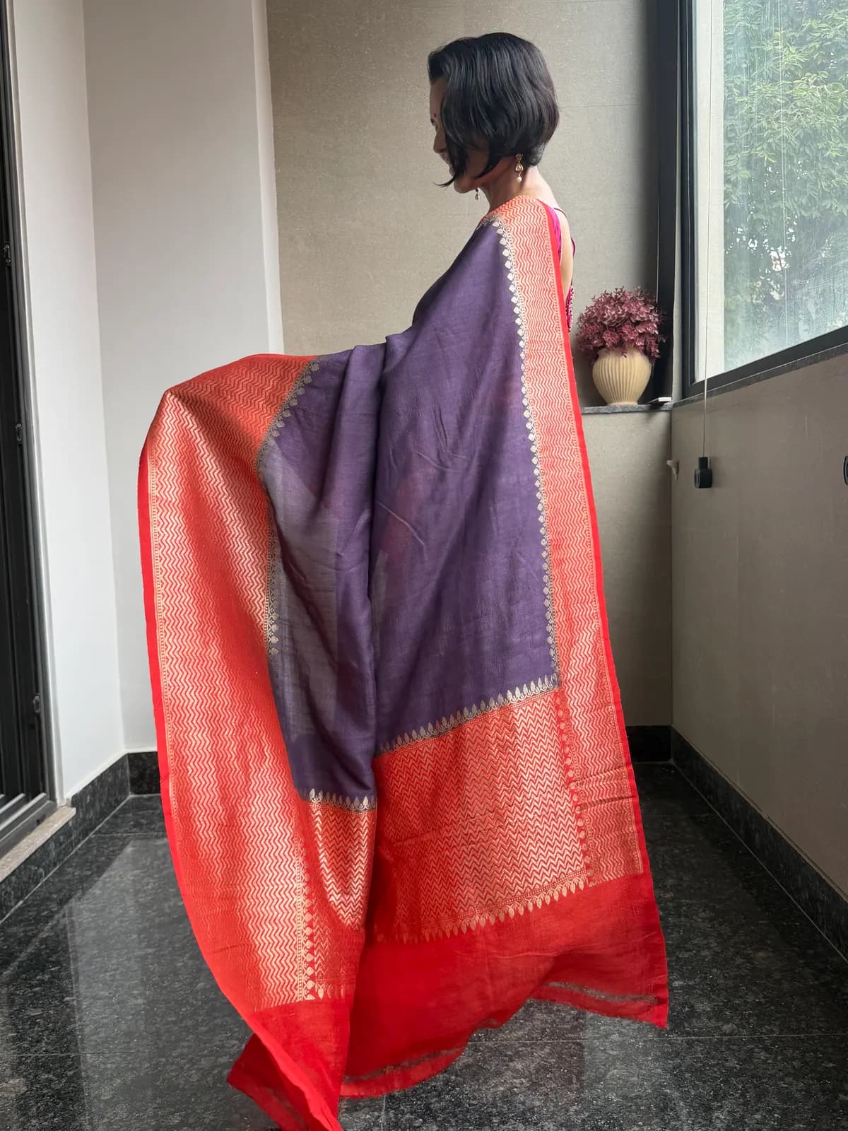 Purple Pure Tussar Silk Kaduwa Banarasi Saree with Contrast Border — Banarasi, Pure Tussar Silk, Varanasi, Uttar Pradesh, view 6