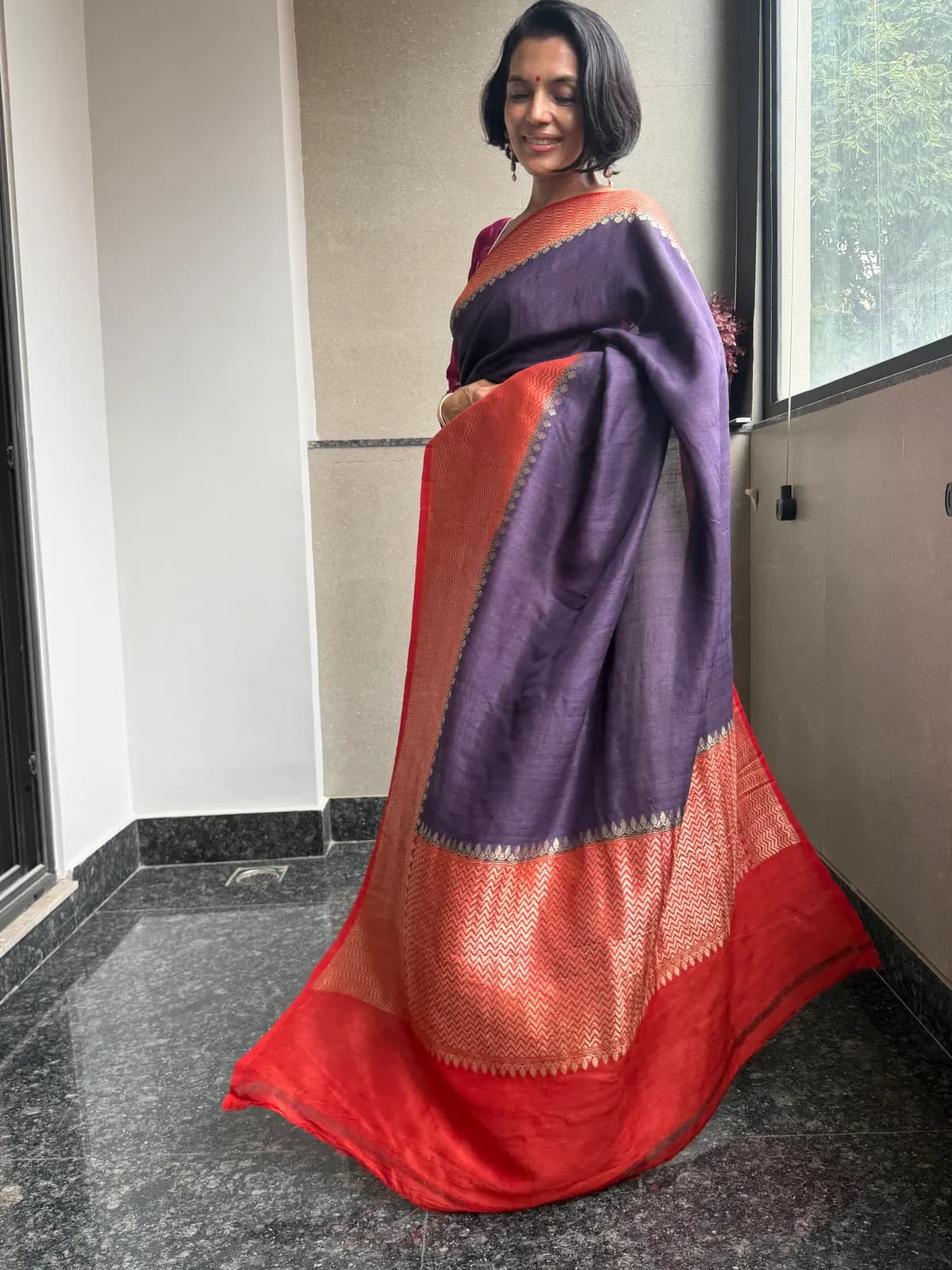 Purple Pure Tussar Silk Kaduwa Banarasi Saree with Contrast Border — Banarasi, Pure Tussar Silk, Varanasi, Uttar Pradesh, view 2