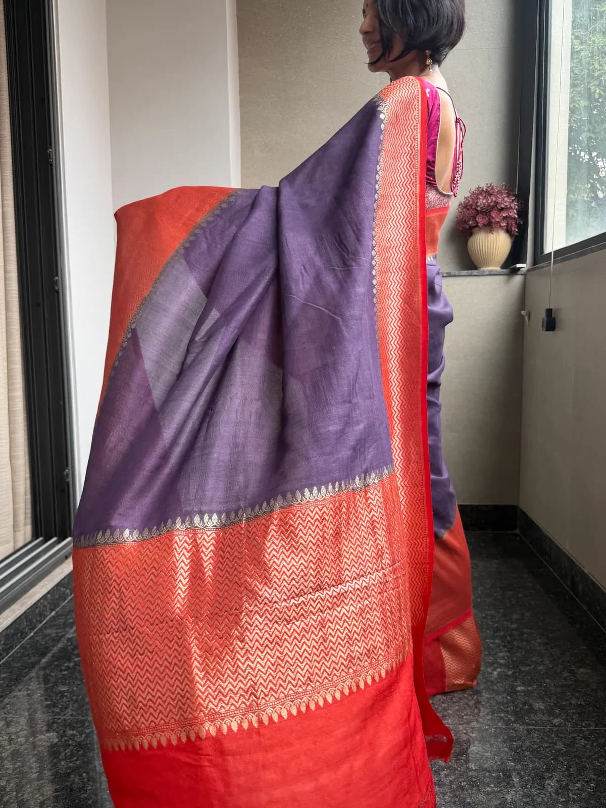 Purple Pure Tussar Silk Kaduwa Banarasi Saree with Contrast Border — Banarasi, Pure Tussar Silk, Varanasi, Uttar Pradesh, view 7