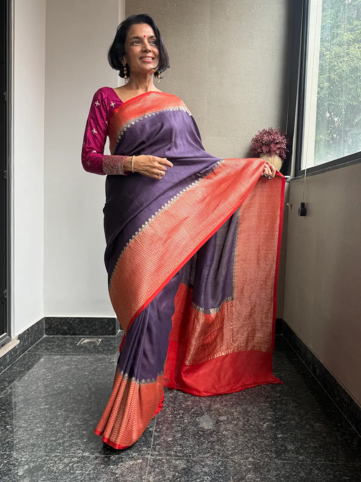 Purple Pure Tussar Silk Kaduwa Banarasi Saree with Contrast Border — Banarasi, Pure Tussar Silk, Varanasi, Uttar Pradesh, view 1