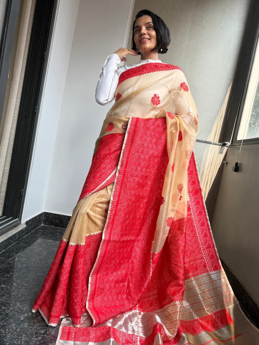 Gold & Red Assam–Banaras Fusion Tissue Kora Silk Saree with Kaduwa Jamdani — Banarasi, Tissue Kora Silk, Varanasi, Uttar Pradesh & Assam