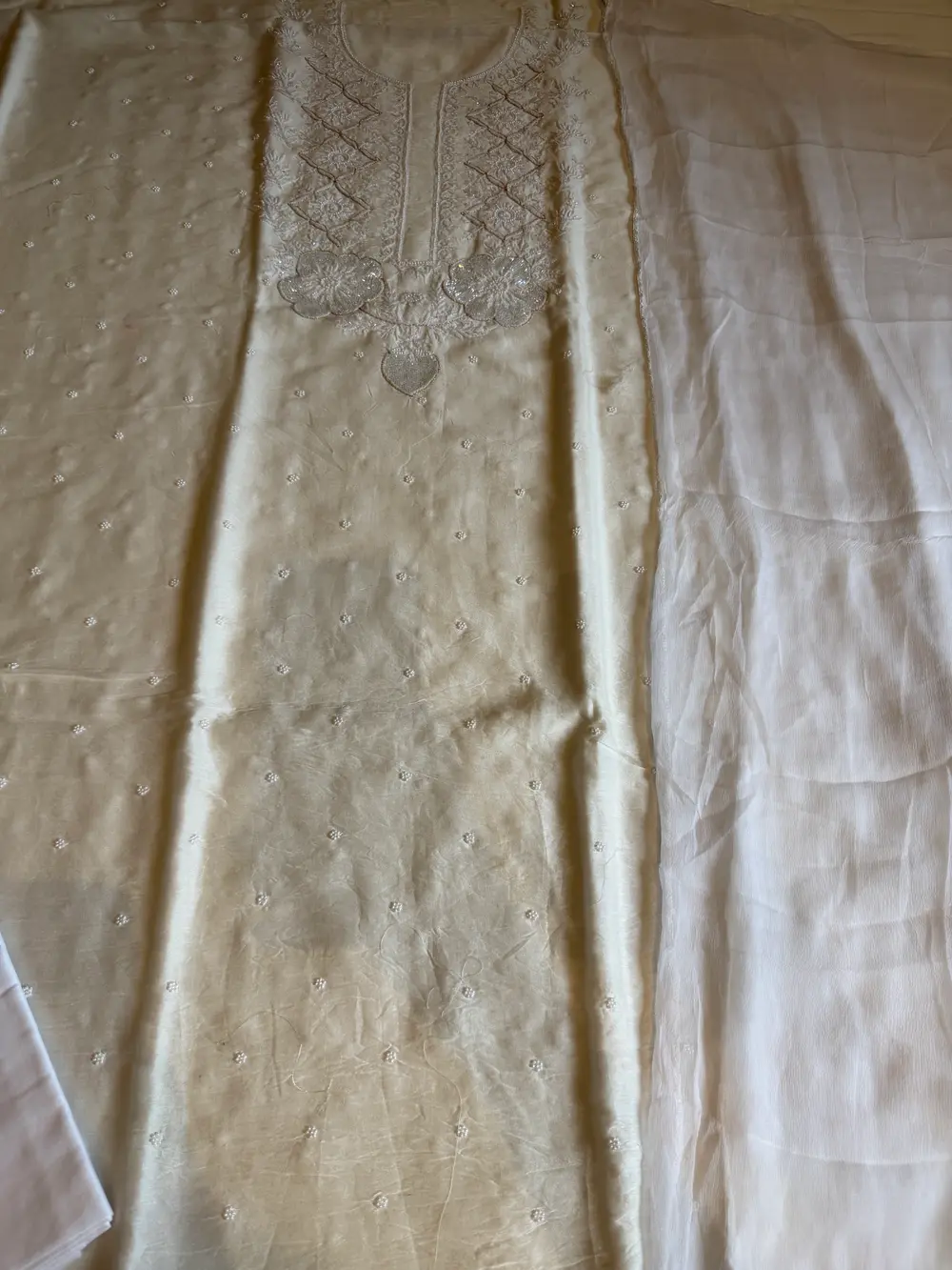 Monga Tussar Hand Embroidered Suit Set with French Chiffon Lace Dupatta — Monga Tussar Silk, Varanasi & Lucknow