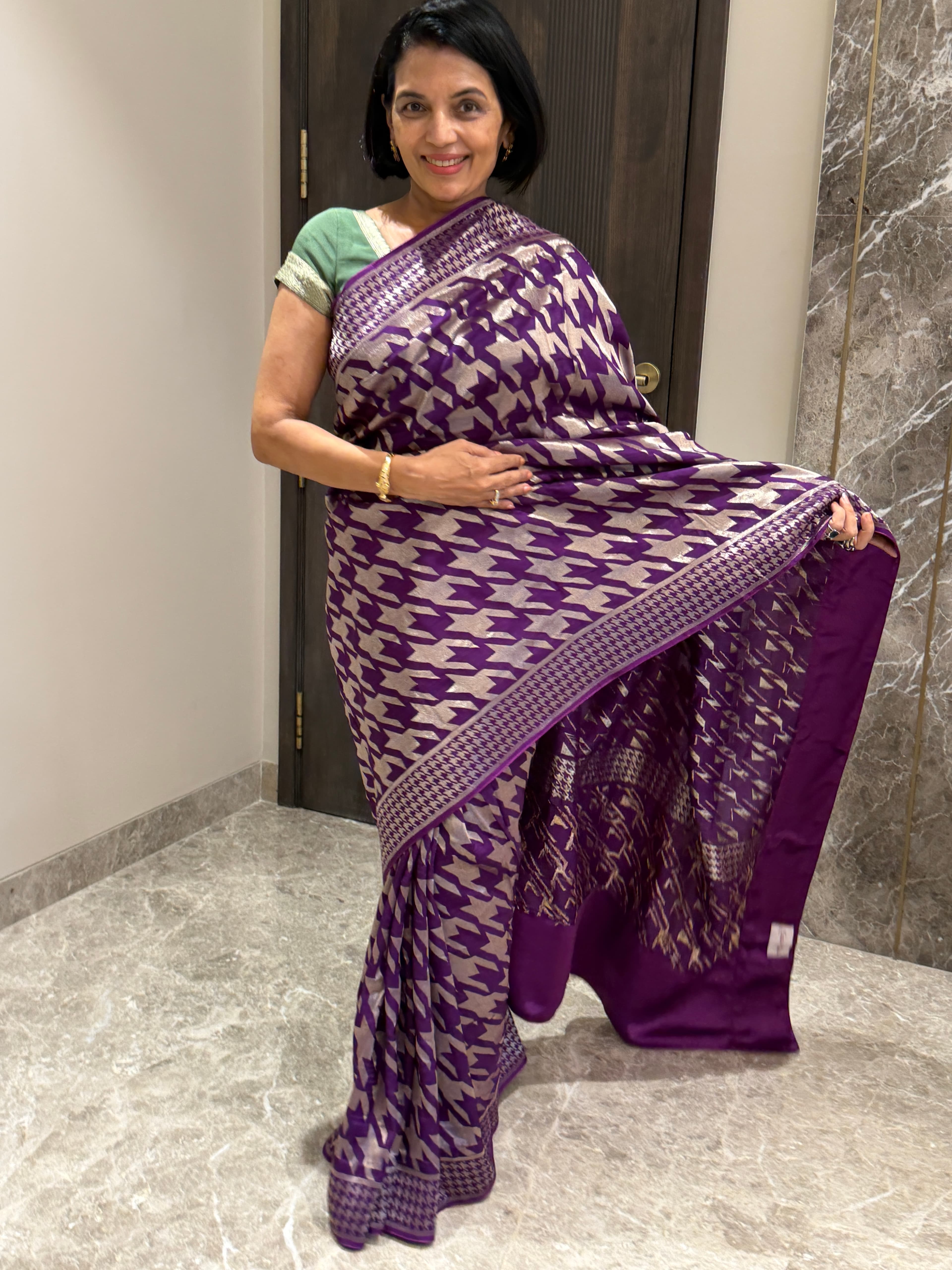 Purple Mushroo Silk Houndstooth — Banarasi, Mushroo Silk, Varanasi, Uttar Pradesh