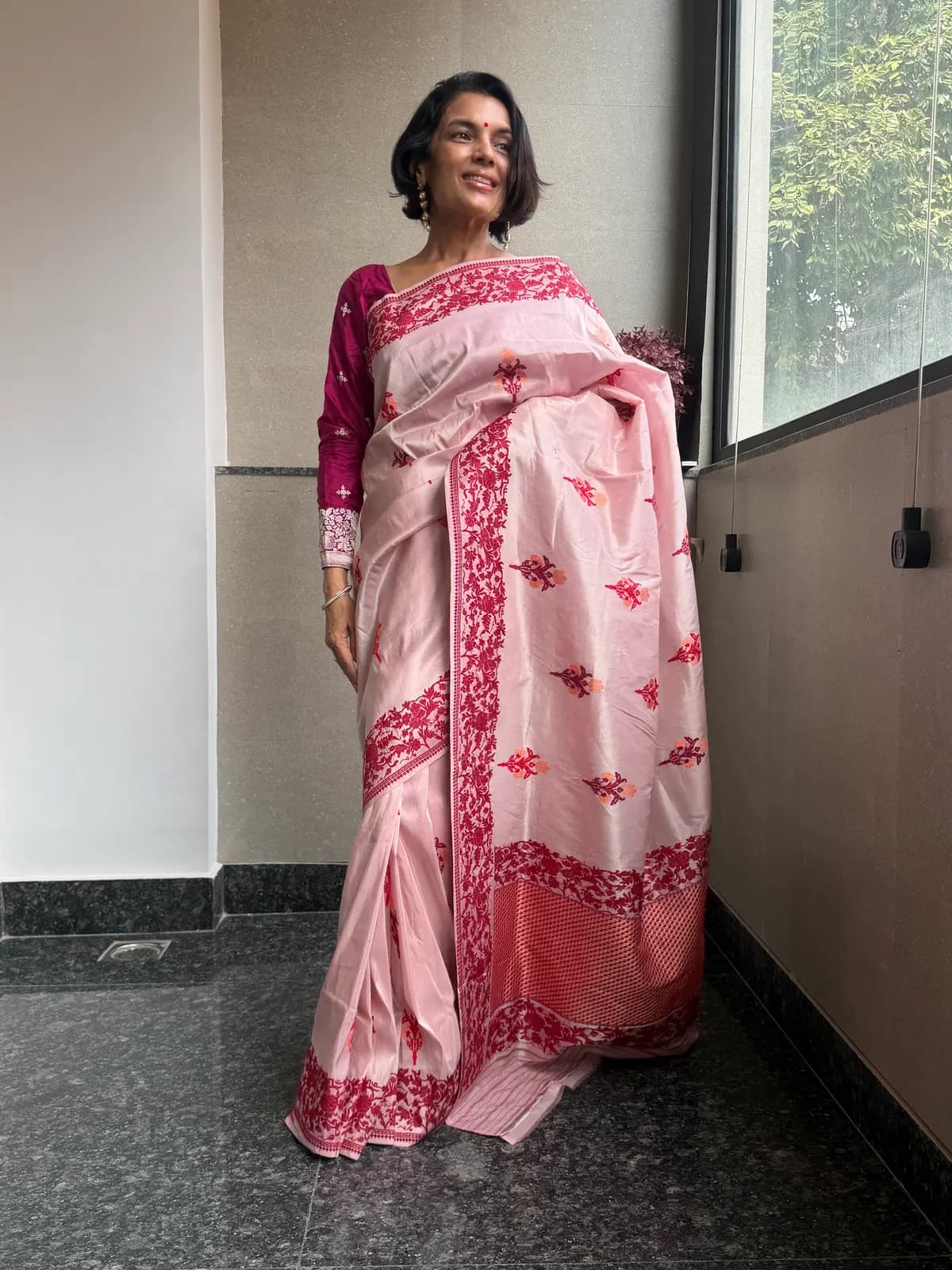 Blush Pink Tissue Kora Silk Banarasi Saree with Assamese Jamdani — Banarasi, Tissue Kora Silk, Varanasi, Uttar Pradesh
