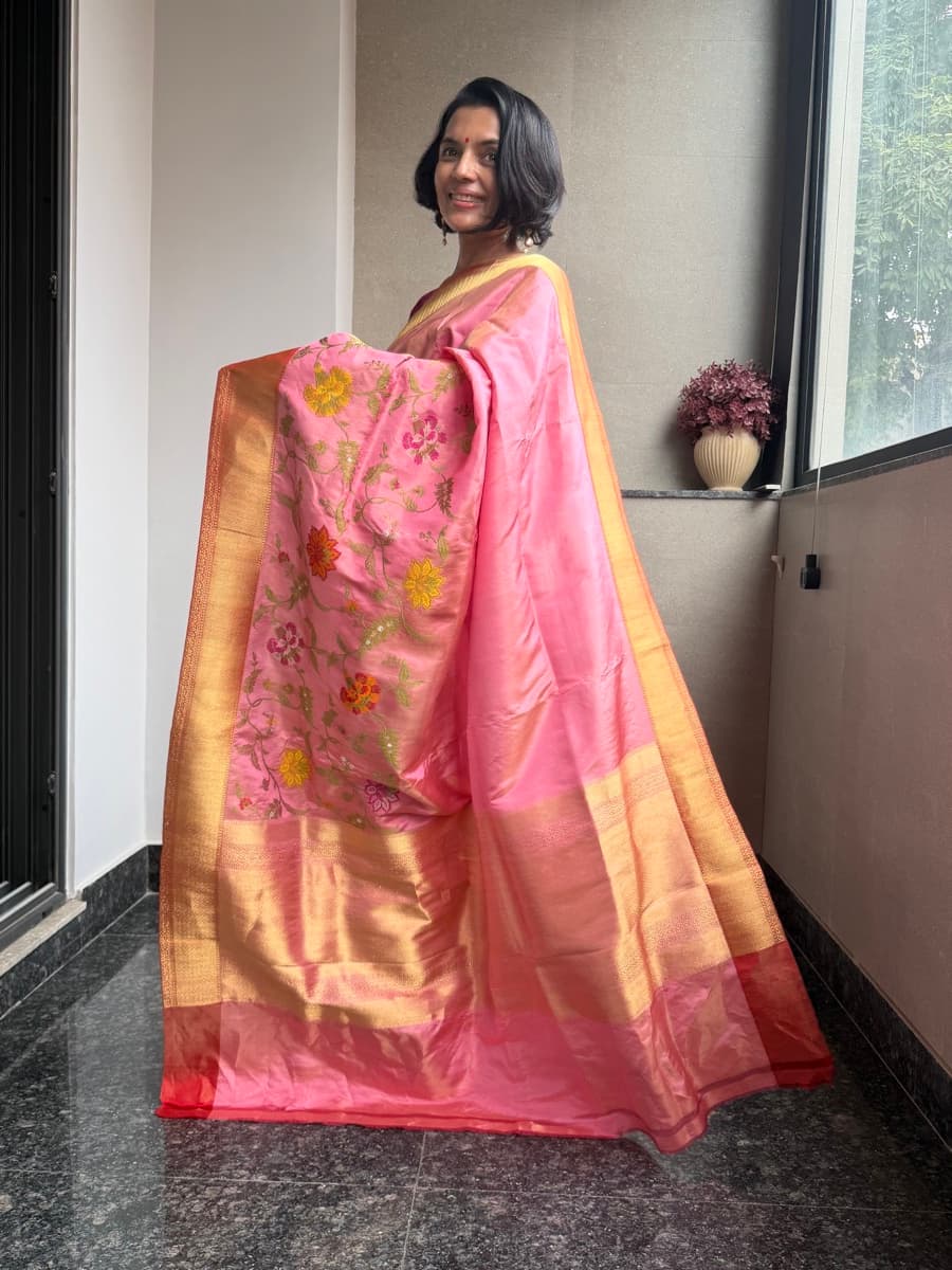 Pink Tissue Katan Silk Multi-Meena Kaduwa Banarasi Saree — Banarasi, Tissue Katan Silk, Varanasi, Uttar Pradesh