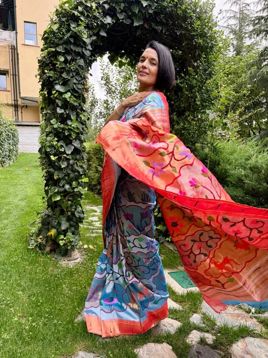 Powder Blue Tissue Silk Jamdani Paithani Saree — Paithani, Tissue Silk, Yeola, Maharashtra