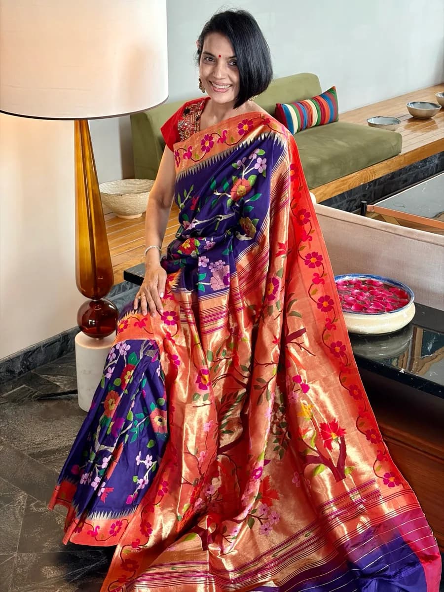 Royal Blue Silk Brocade Meenakari Jaal Paithani Saree — Paithani, Pure Silk, Yeola, Maharashtra