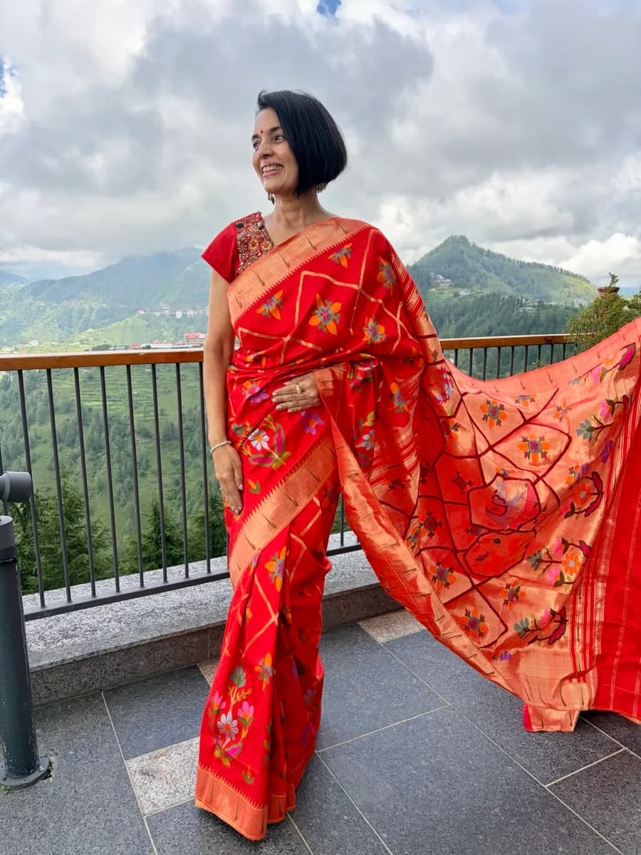 Red Pure Silk Jamdani Paithani Saree with Animal Motif Pallu — Paithani, Pure Silk, Yeola, Maharashtra