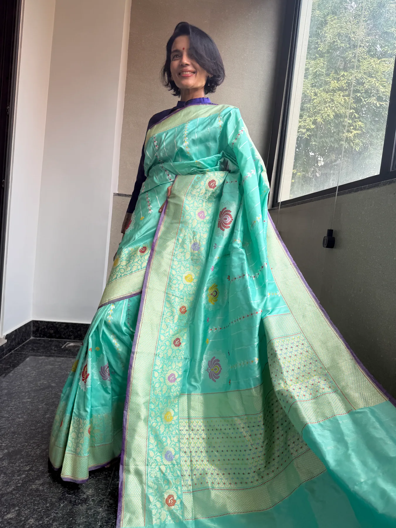 Aqua blue pure Katan silk Chautera Meena Kaduwa Banarasi saree 2