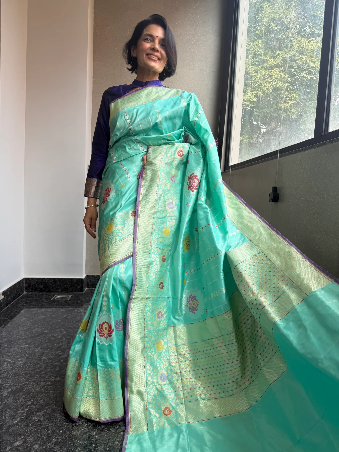 Aqua blue pure Katan silk Chautera Meena Kaduwa Banarasi saree 1
