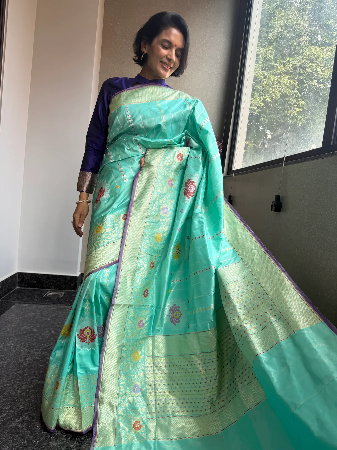 Aqua blue pure Katan silk Chautera Meena Kaduwa Banarasi saree 4