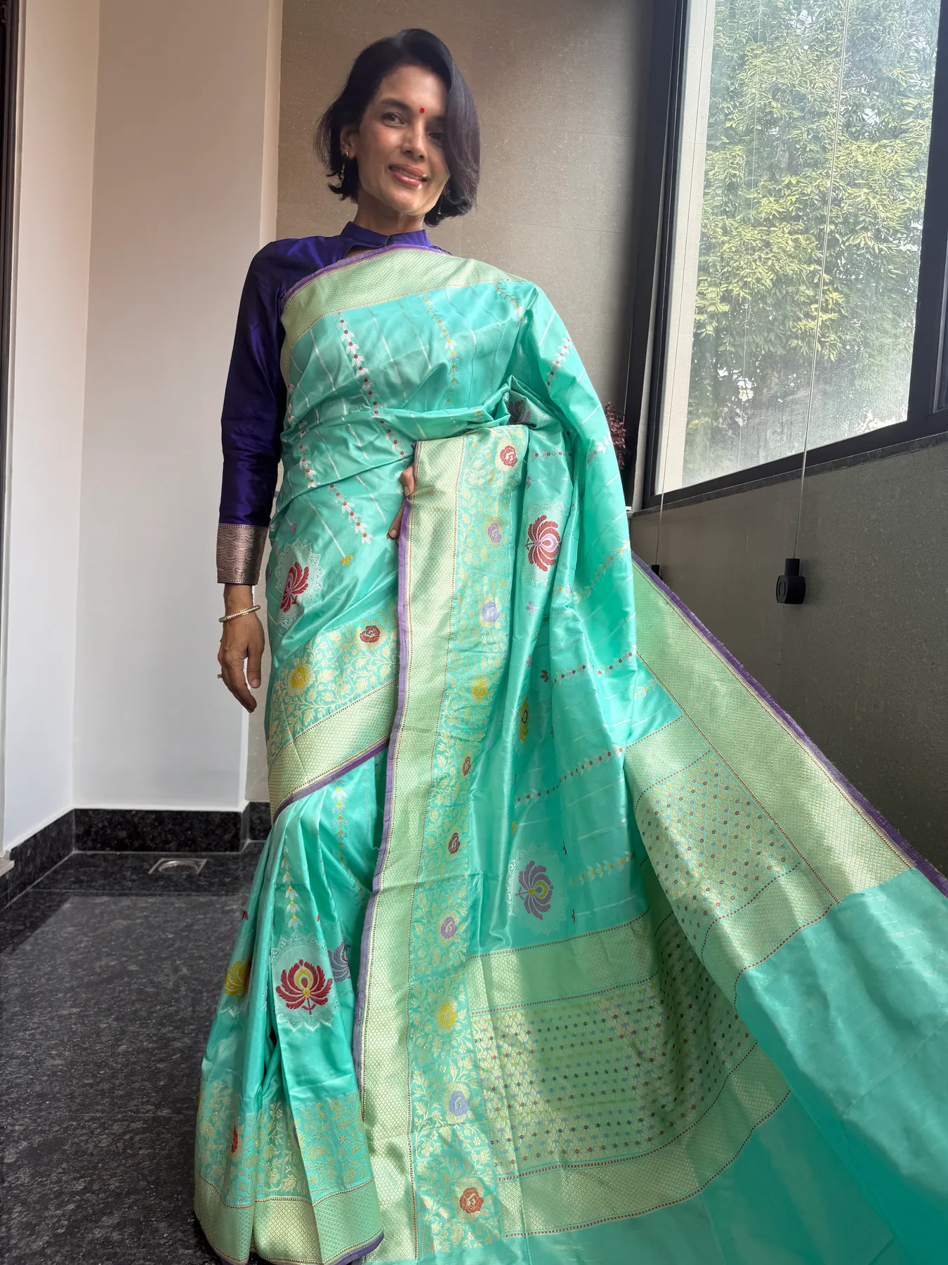 Aqua blue pure Katan silk Chautera Meena Kaduwa Banarasi saree 3