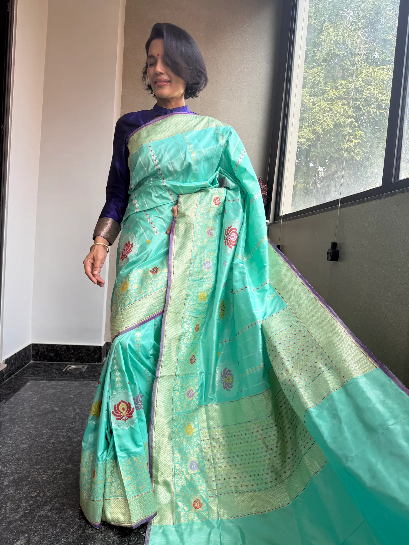 Aqua blue pure Katan silk Chautera Meena Kaduwa Banarasi saree 5