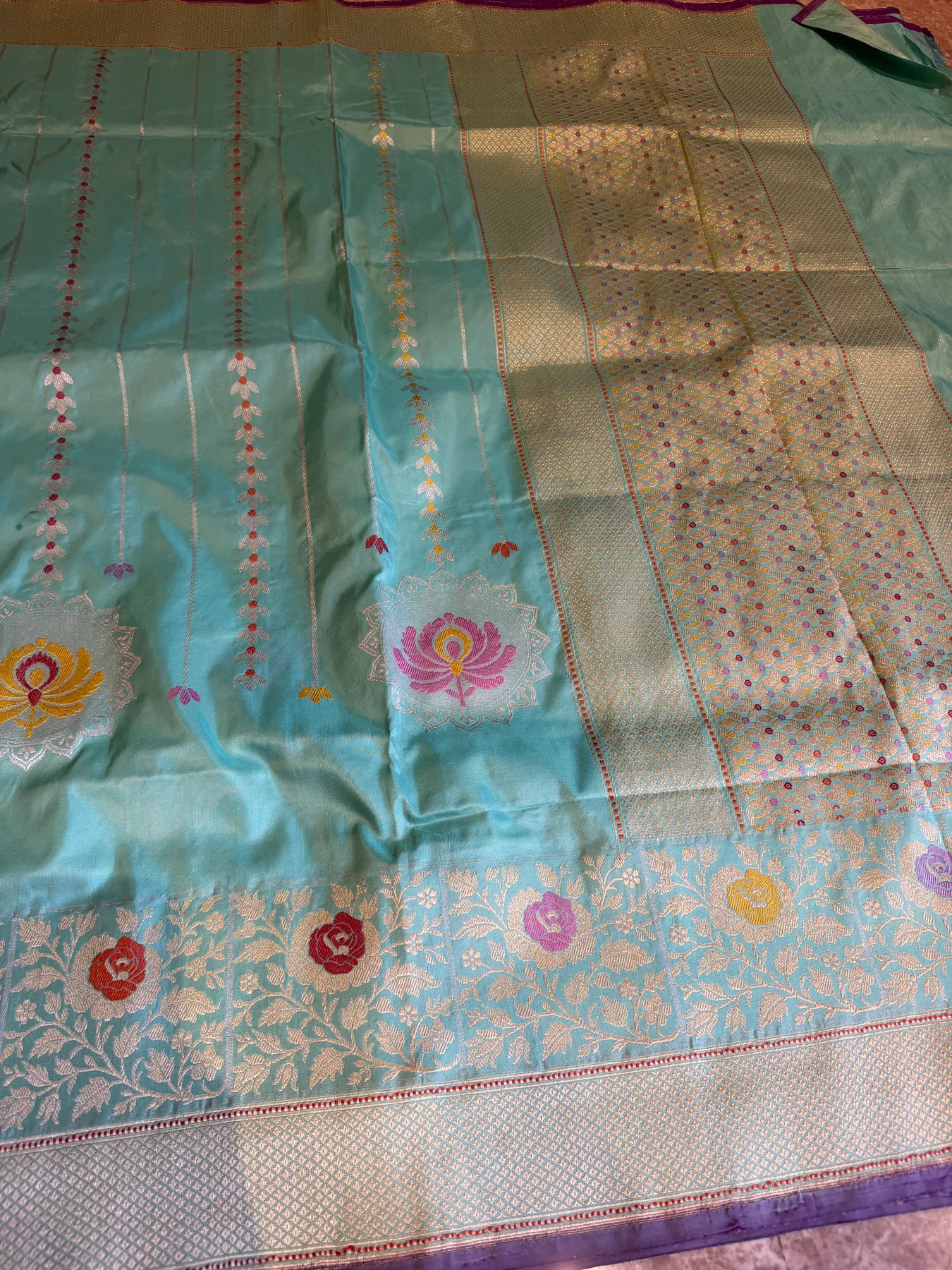 Aqua blue pure Katan silk Chautera Meena Kaduwa Banarasi saree 6