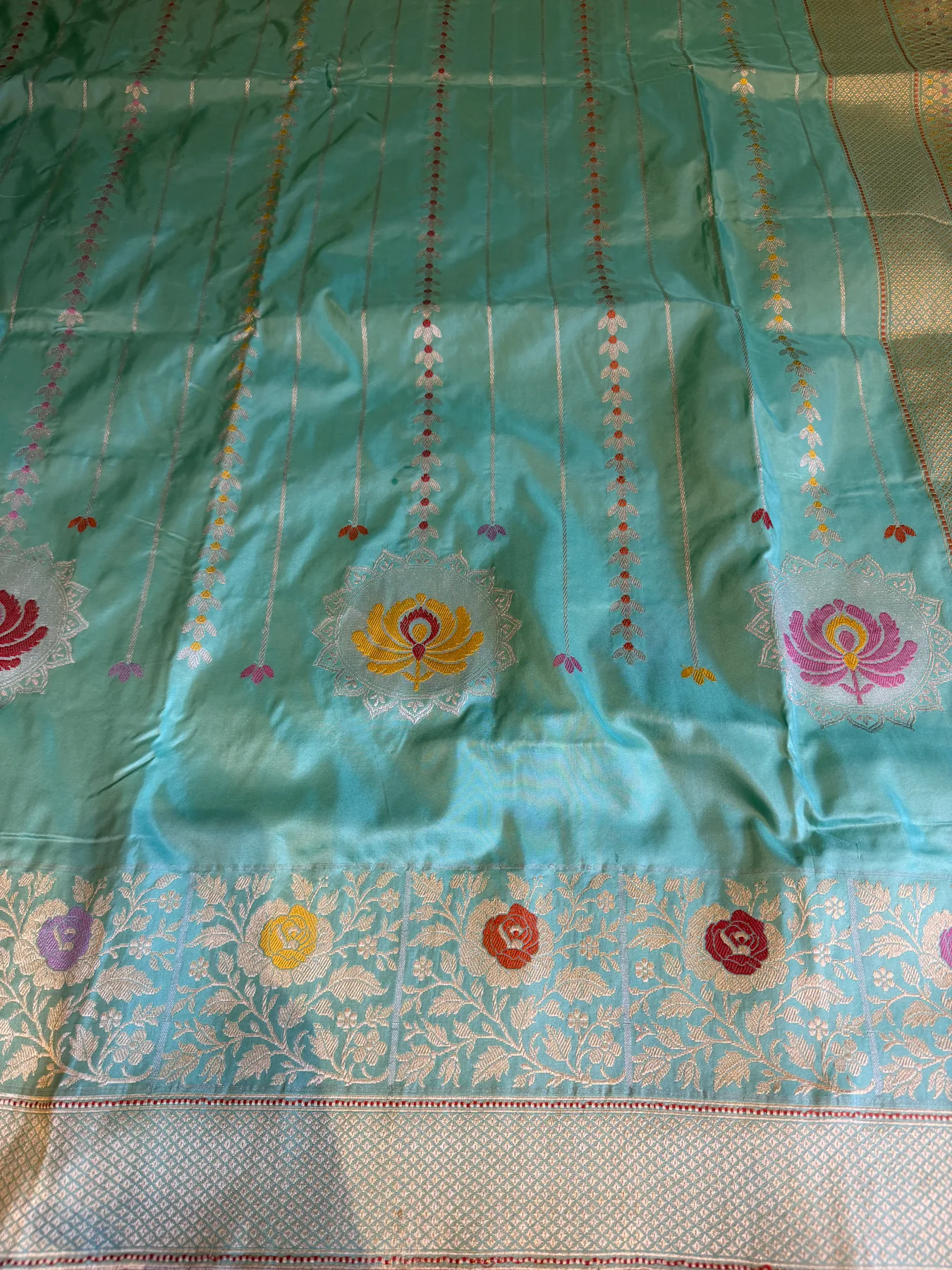 Aqua blue pure Katan silk Chautera Meena Kaduwa Banarasi saree 7