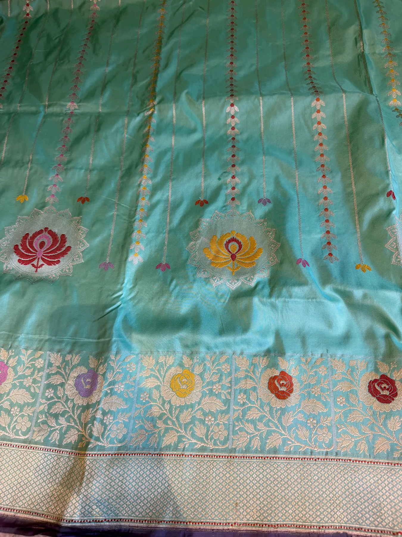 Aqua blue pure Katan silk Chautera Meena Kaduwa Banarasi saree 8