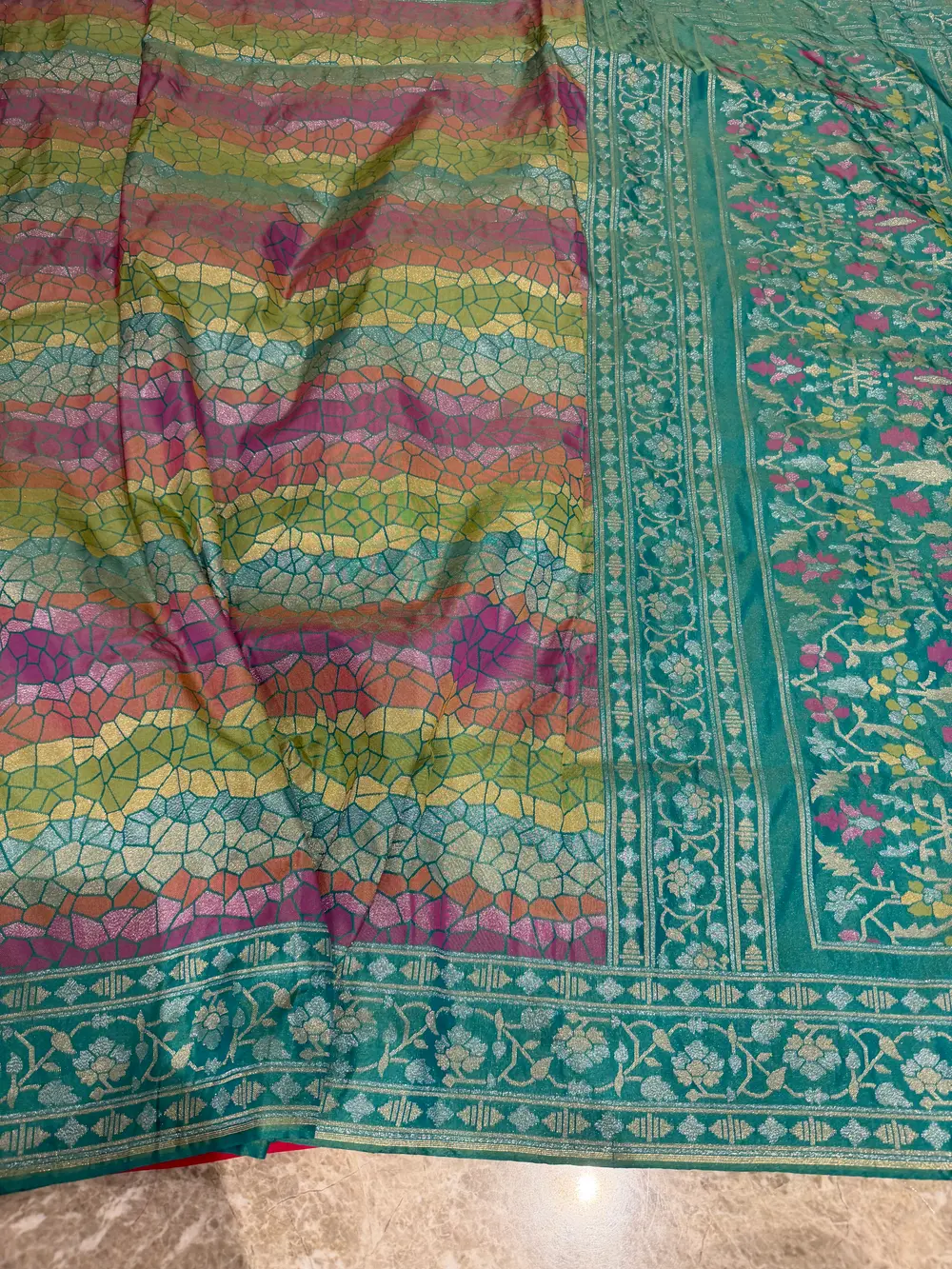 Aqua & Rose Two-Tone Handloom Pure Katan Silk Banarasi Saree — Banarasi, Pure Katan Silk, Varanasi, Uttar Pradesh, view 5