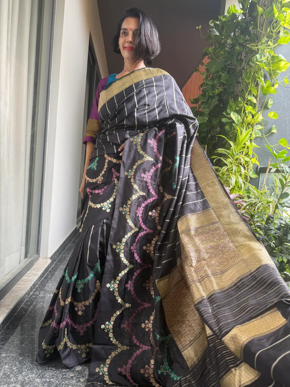 Black Ektara Katan Silk Kaduwa Banarasi Saree with Scallop Necklace Border — Banarasi, Ektara Katan Silk, Varanasi, Uttar Pradesh