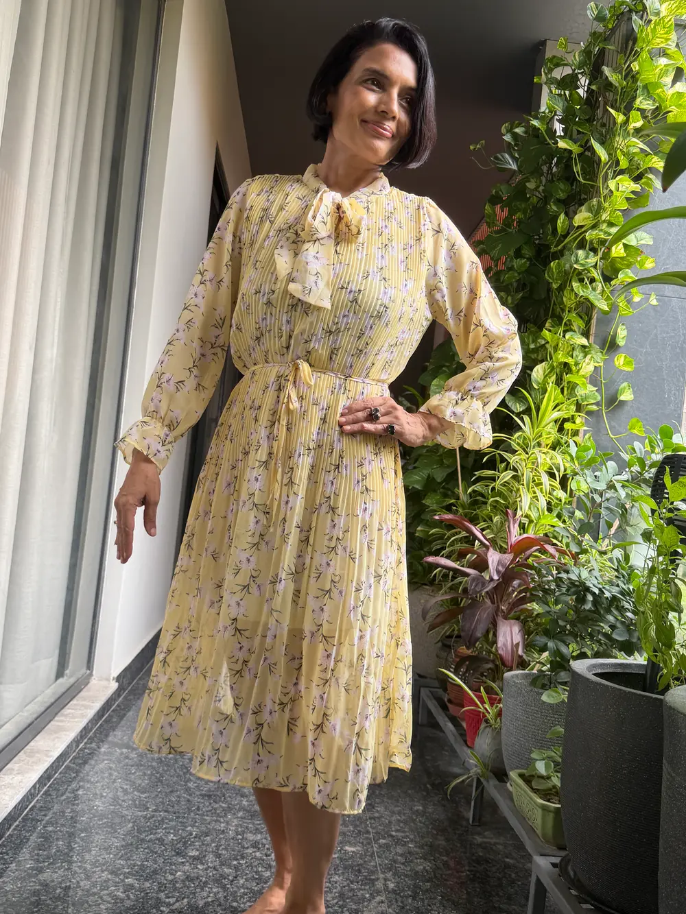 Butter Yellow Floral Pleated Tie-Neck Midi Dress — Lightweight Floral Fabric, Fine Pleating