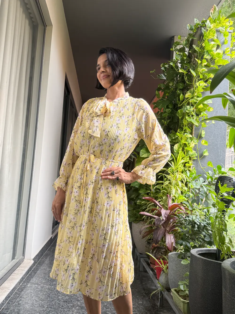 Butter Yellow Floral Pleated Tie-Neck Midi Dress — Lightweight Floral Fabric, Fine Pleating, view 3