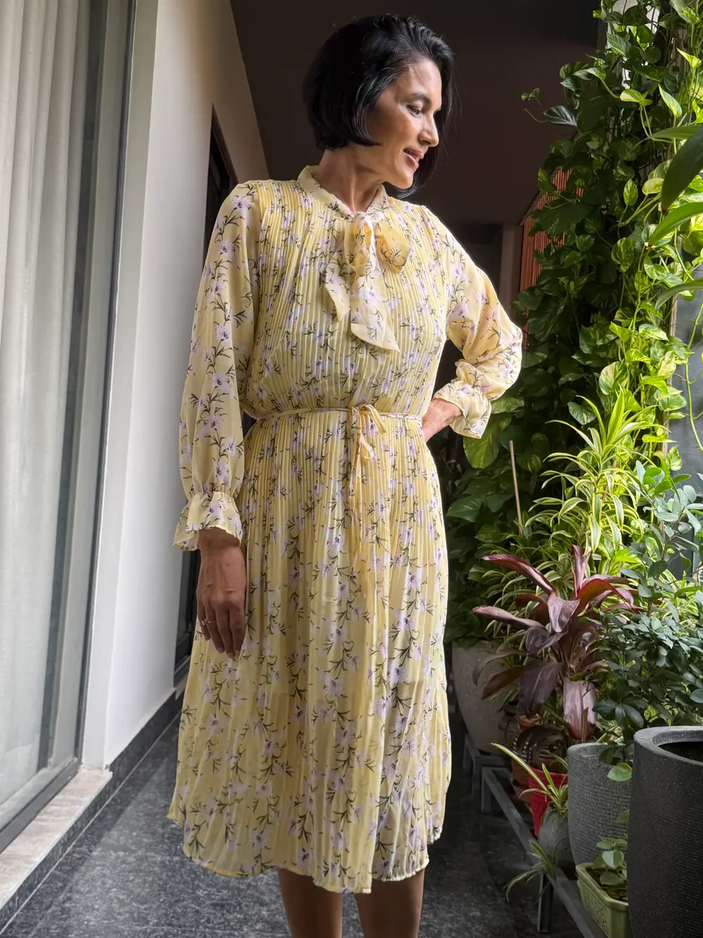 Butter Yellow Floral Pleated Tie-Neck Midi Dress — Lightweight Floral Fabric, Fine Pleating, view 5