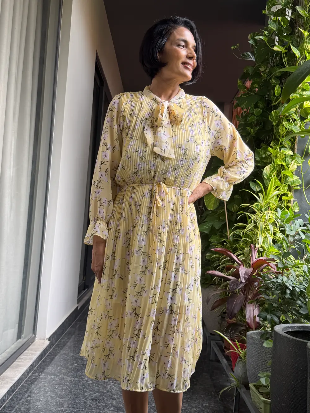 Butter Yellow Floral Pleated Tie-Neck Midi Dress — Lightweight Floral Fabric, Fine Pleating, view 4