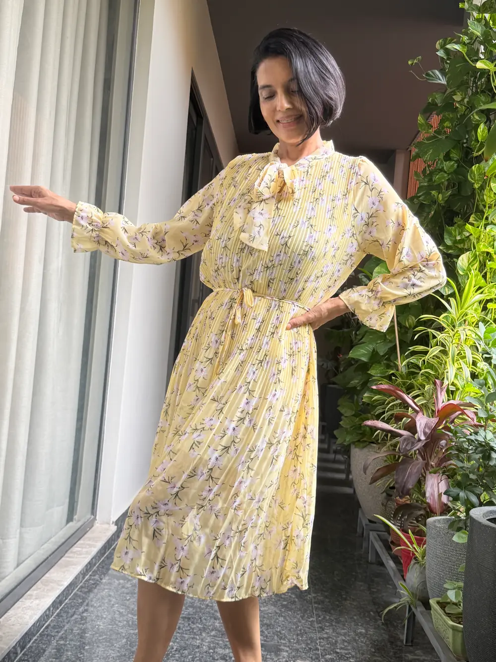 Butter Yellow Floral Pleated Tie-Neck Midi Dress — Lightweight Floral Fabric, Fine Pleating, view 7