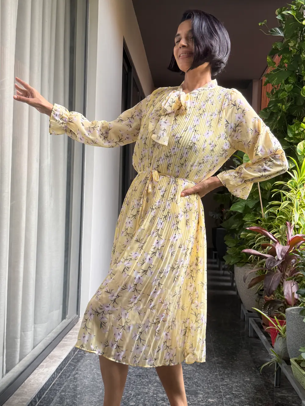Butter Yellow Floral Pleated Tie-Neck Midi Dress — Lightweight Floral Fabric, Fine Pleating, view 9