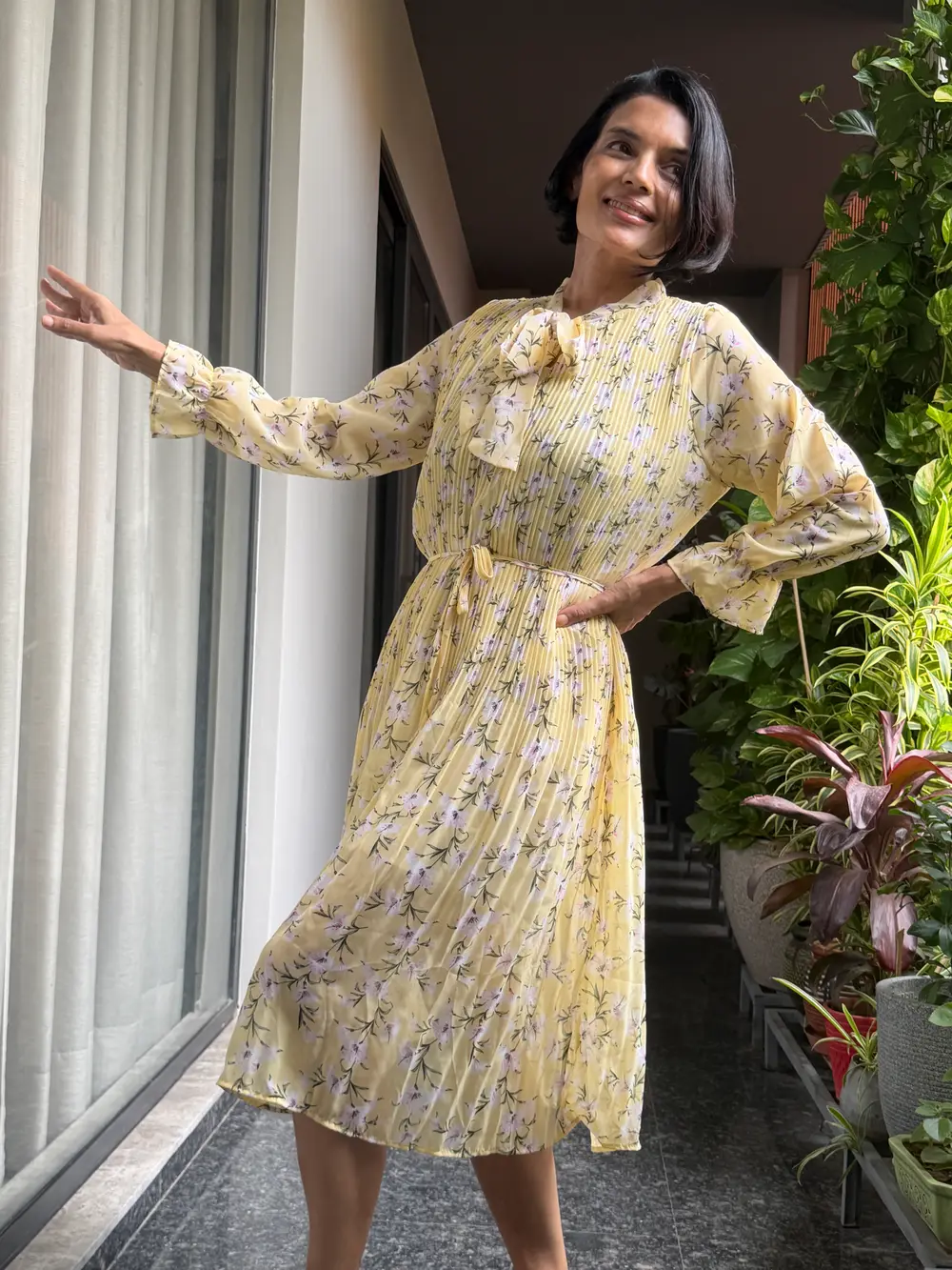 Butter Yellow Floral Pleated Tie-Neck Midi Dress — Lightweight Floral Fabric, Fine Pleating, view 6