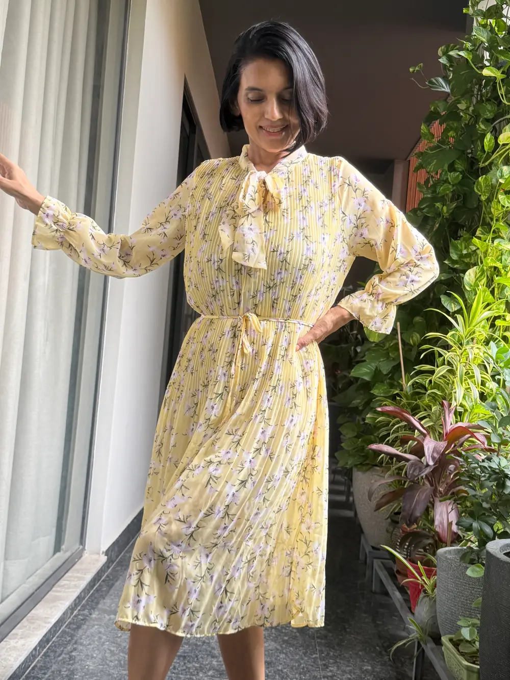 Butter Yellow Floral Pleated Tie-Neck Midi Dress — Lightweight Floral Fabric, Fine Pleating, view 8