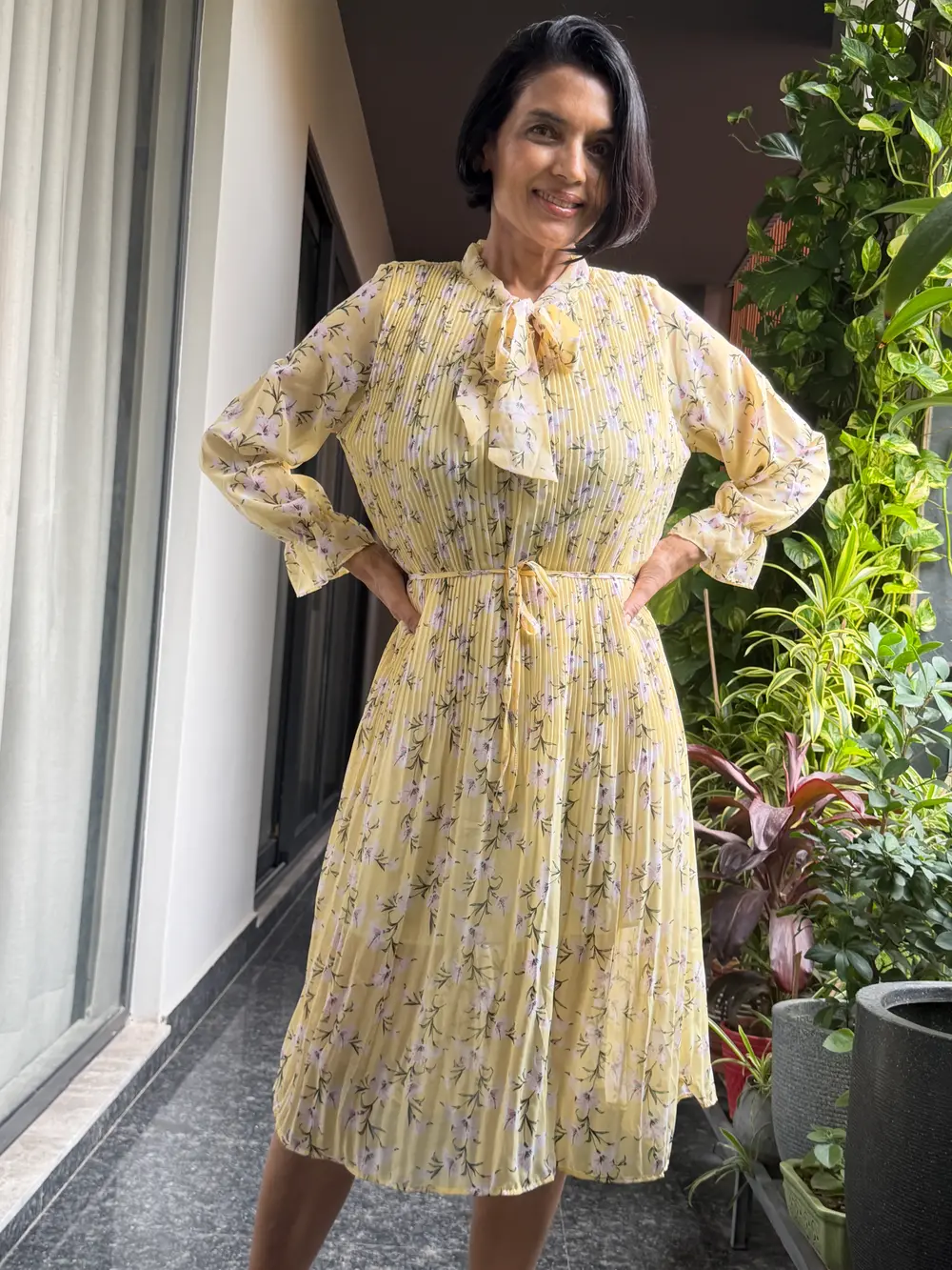 Butter Yellow Floral Pleated Tie-Neck Midi Dress — Lightweight Floral Fabric, Fine Pleating, view 2