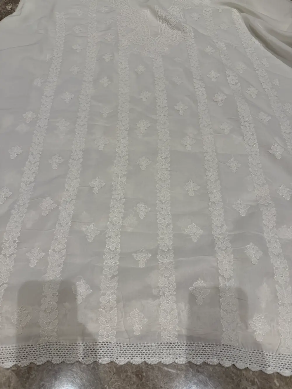 White on White Chikankari Unstitched Suit Set with Crochet Lace — Georgette, Lucknow, Uttar Pradesh