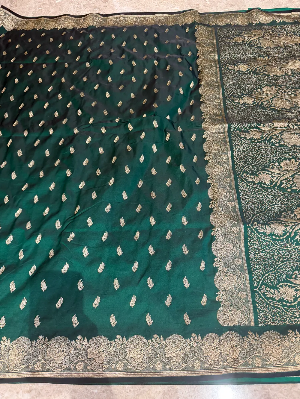 Emerald Green Vintage-Inspired Mushroo Silk Banarasi Saree — Banarasi, Mushroo Silk, Varanasi, Uttar Pradesh, view 6