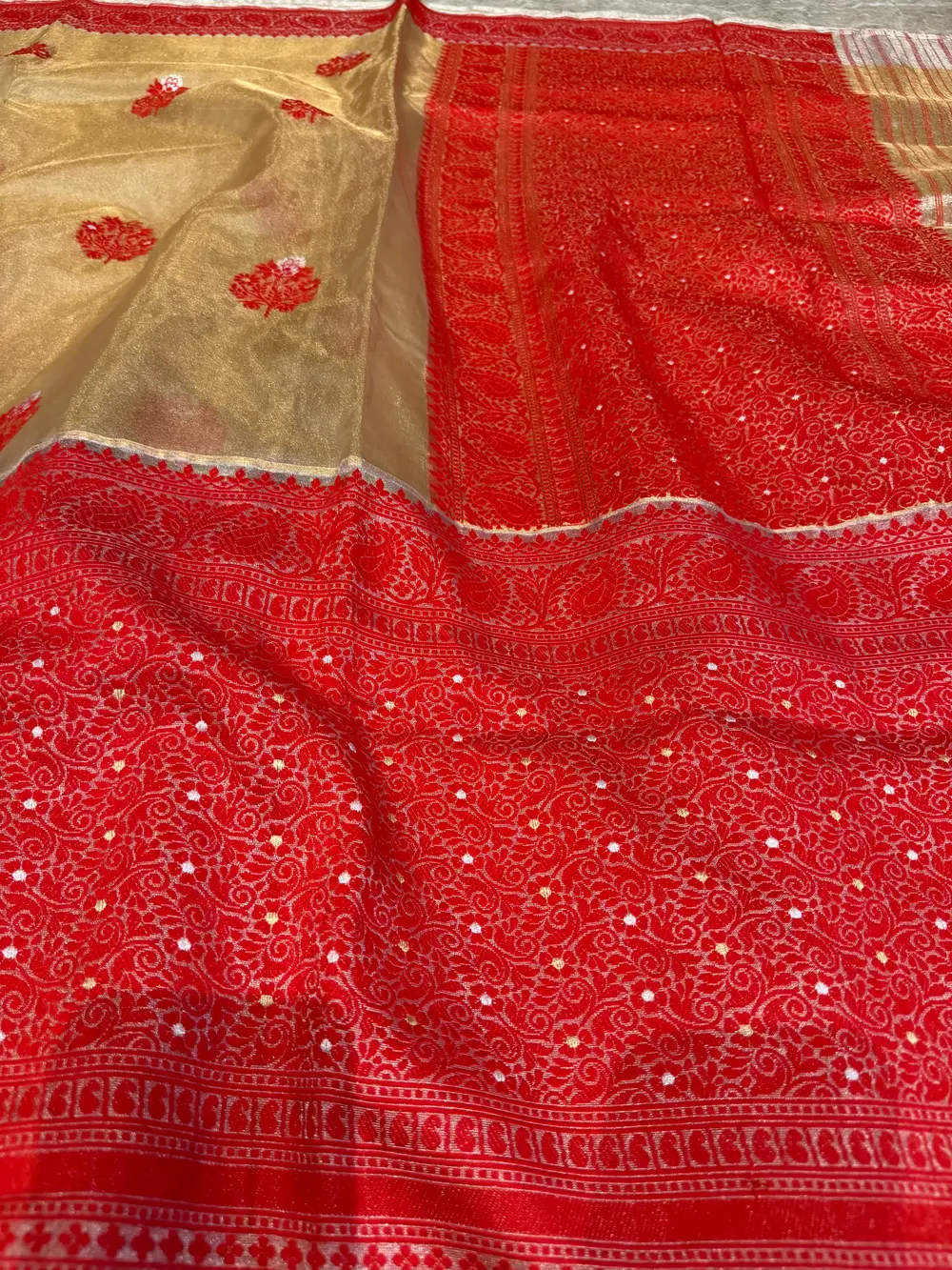 Gold & Red Assam–Banaras Fusion Tissue Kora Silk Saree with Kaduwa Jamdani — Banarasi, Tissue Kora Silk, Varanasi, Uttar Pradesh & Assam, view 7