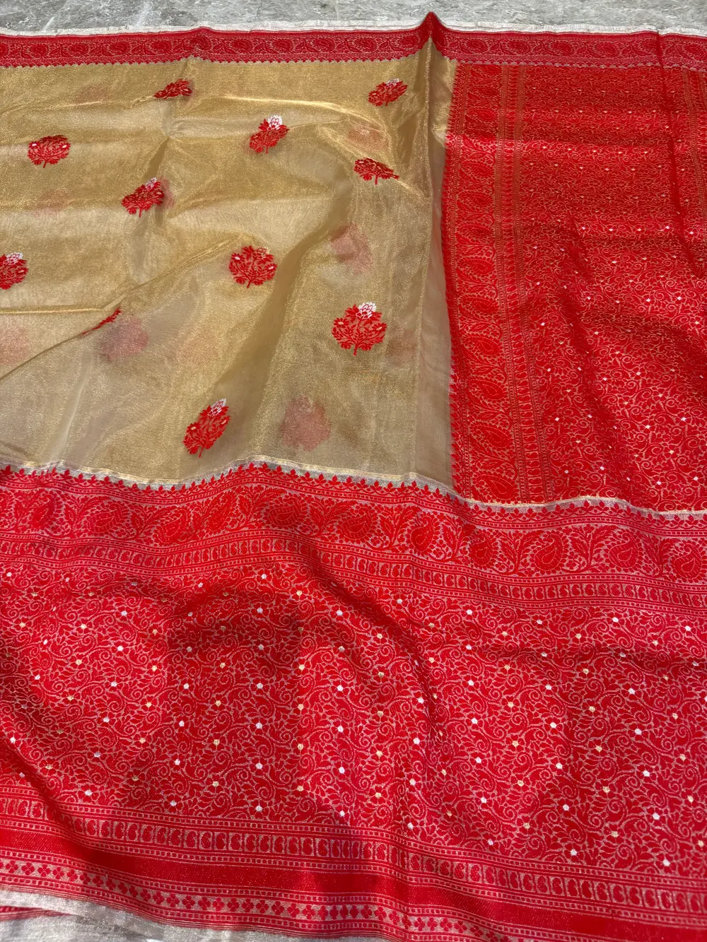 Gold & Red Assam–Banaras Fusion Tissue Kora Silk Saree with Kaduwa Jamdani — Banarasi, Tissue Kora Silk, Varanasi, Uttar Pradesh & Assam, view 8
