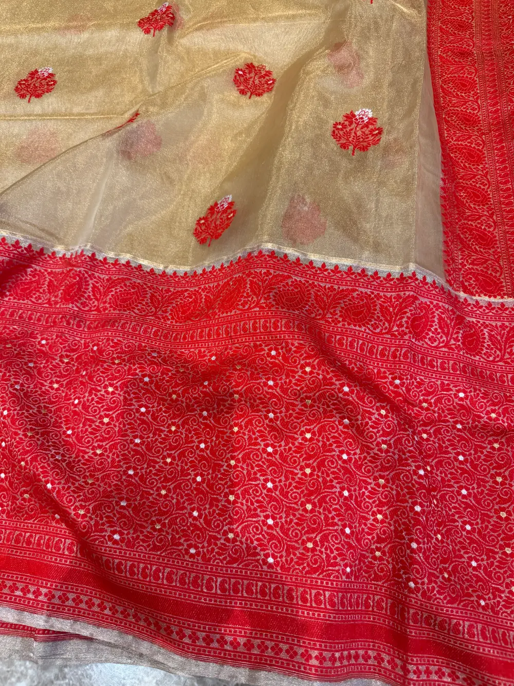Gold & Red Assam–Banaras Fusion Tissue Kora Silk Saree with Kaduwa Jamdani — Banarasi, Tissue Kora Silk, Varanasi, Uttar Pradesh & Assam, view 9