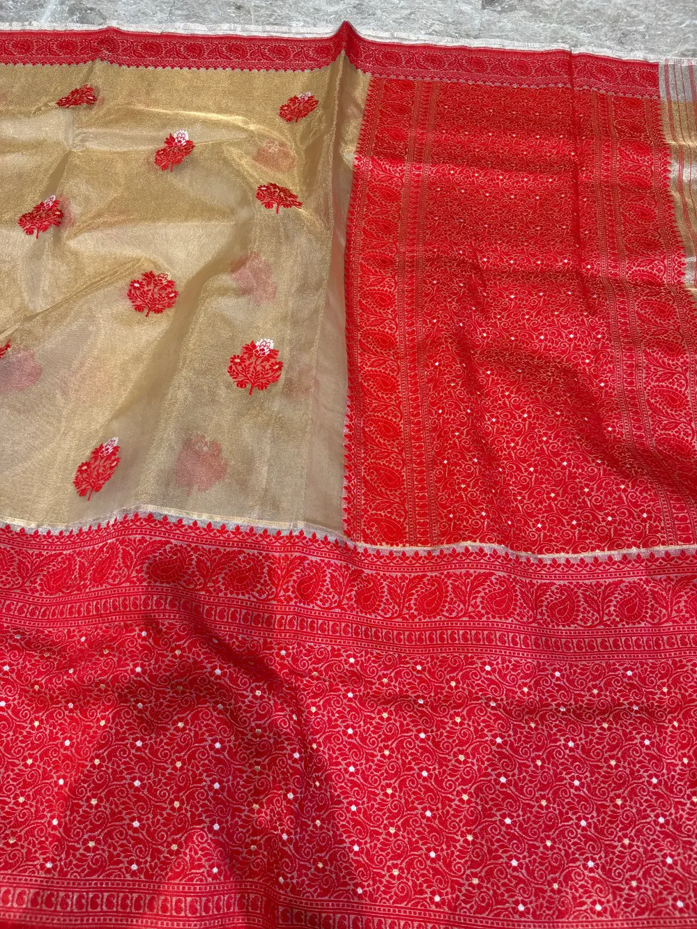 Gold & Red Assam–Banaras Fusion Tissue Kora Silk Saree with Kaduwa Jamdani — Banarasi, Tissue Kora Silk, Varanasi, Uttar Pradesh & Assam, view 10