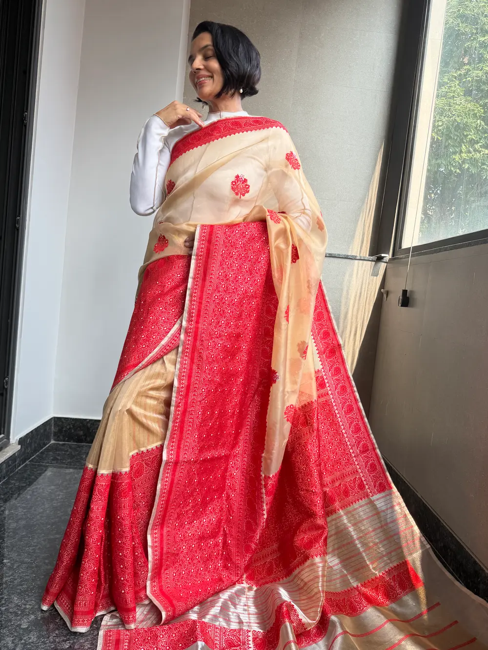 Gold & Red Assam–Banaras Fusion Tissue Kora Silk Saree with Kaduwa Jamdani — Banarasi, Tissue Kora Silk, Varanasi, Uttar Pradesh & Assam, view 4