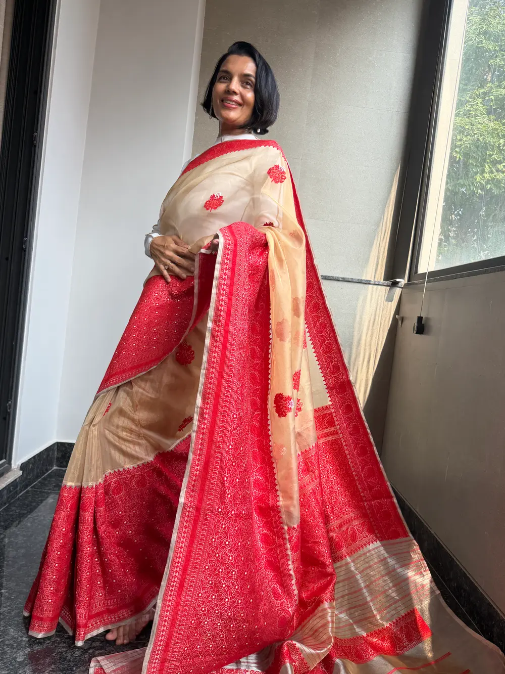 Gold & Red Assam–Banaras Fusion Tissue Kora Silk Saree with Kaduwa Jamdani — Banarasi, Tissue Kora Silk, Varanasi, Uttar Pradesh & Assam, view 6