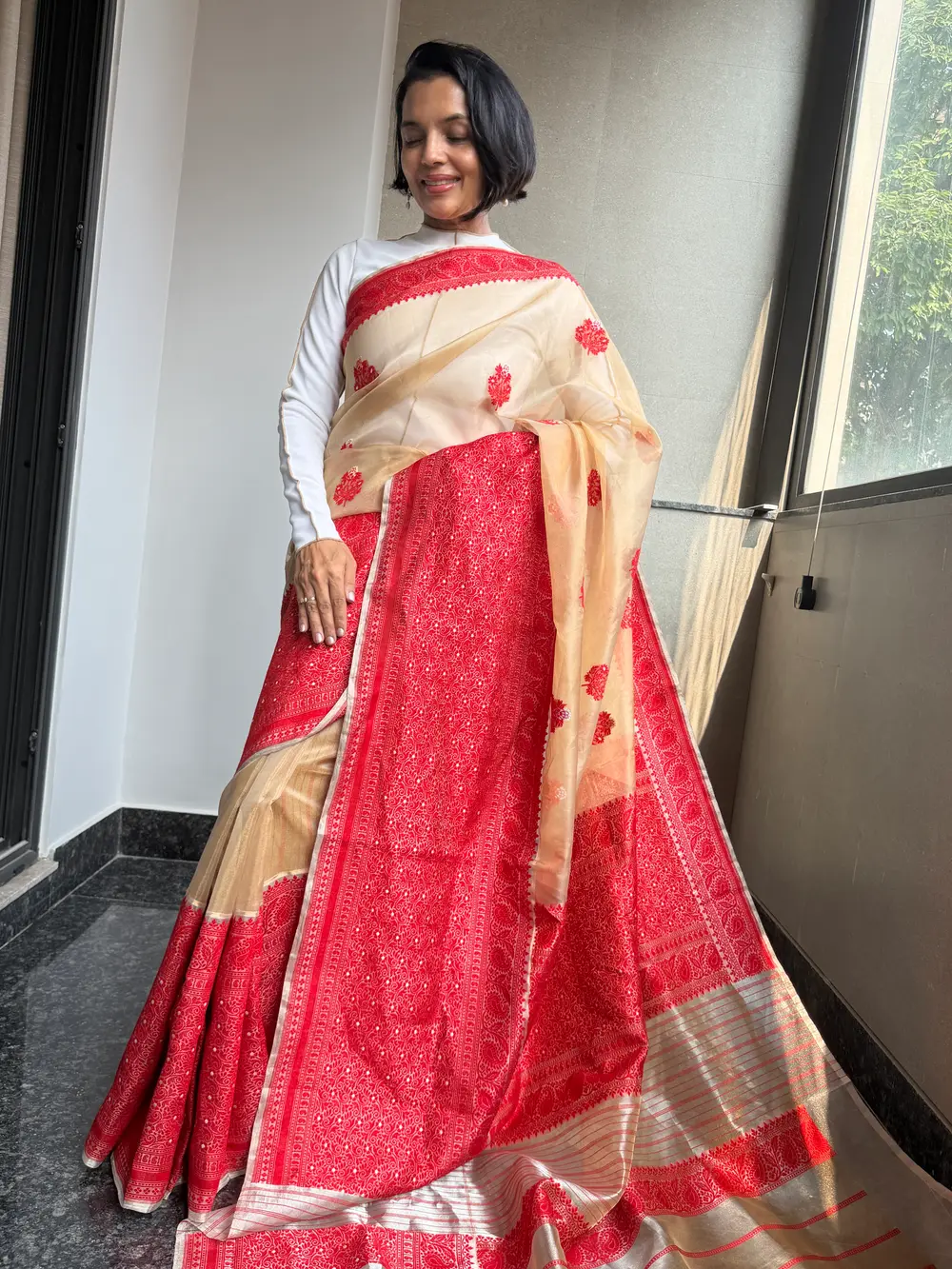 Gold & Red Assam–Banaras Fusion Tissue Kora Silk Saree with Kaduwa Jamdani — Banarasi, Tissue Kora Silk, Varanasi, Uttar Pradesh & Assam, view 5