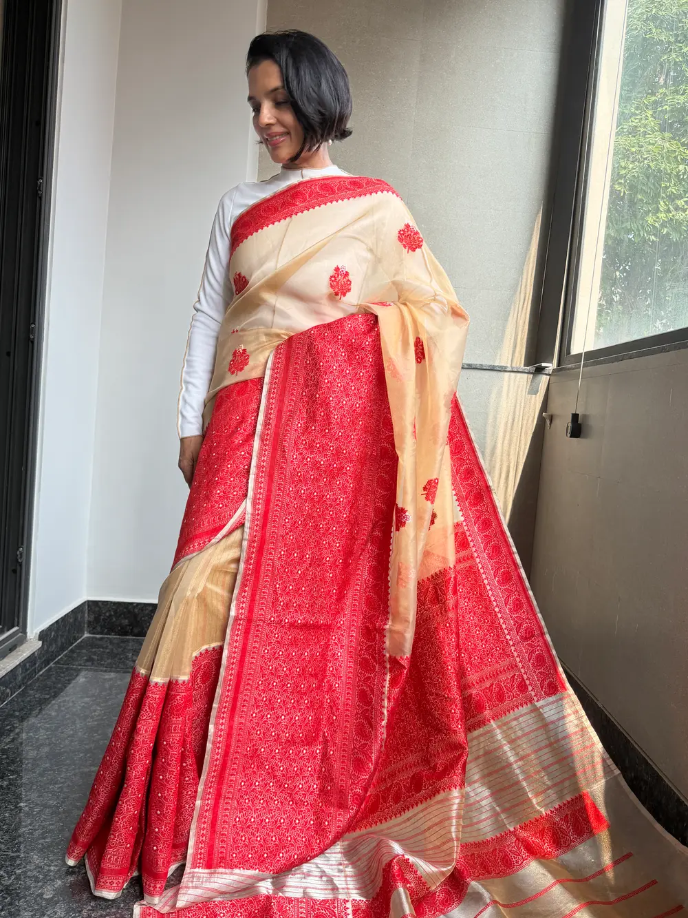 Gold & Red Assam–Banaras Fusion Tissue Kora Silk Saree with Kaduwa Jamdani — Banarasi, Tissue Kora Silk, Varanasi, Uttar Pradesh & Assam, view 3